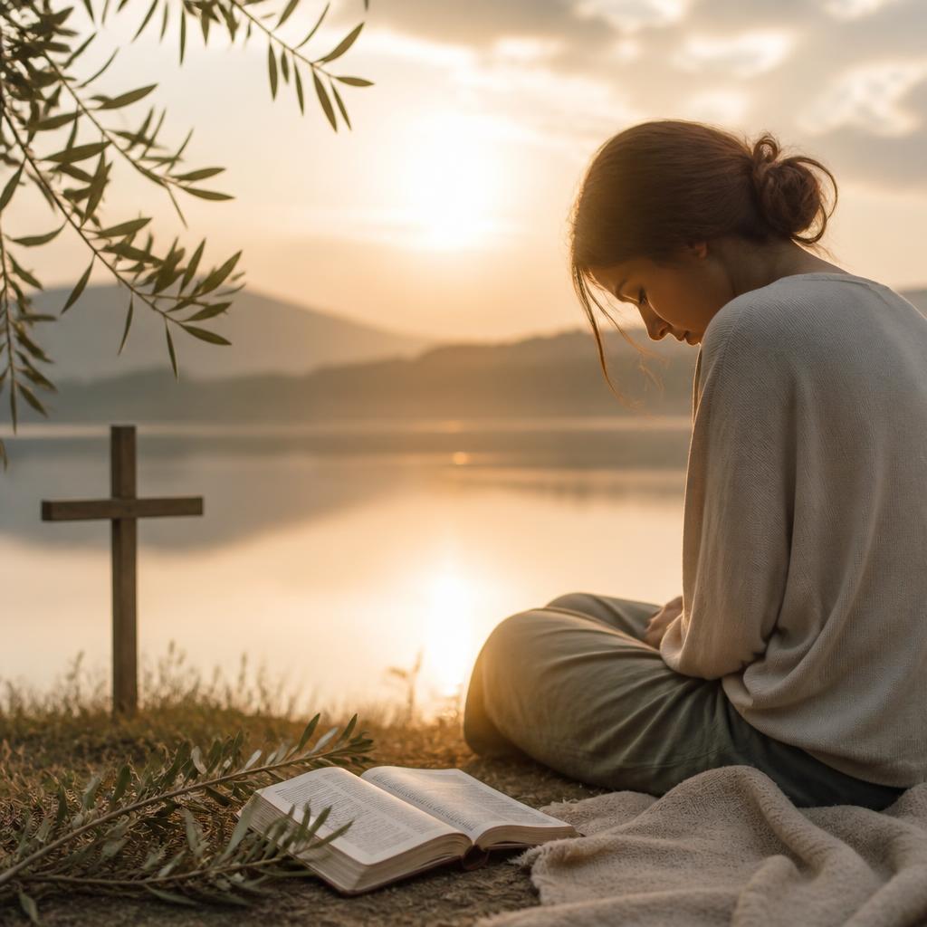 A woman resting quietly beside a still lake at sunrise with an open Bible and a simple wooden cross nearby