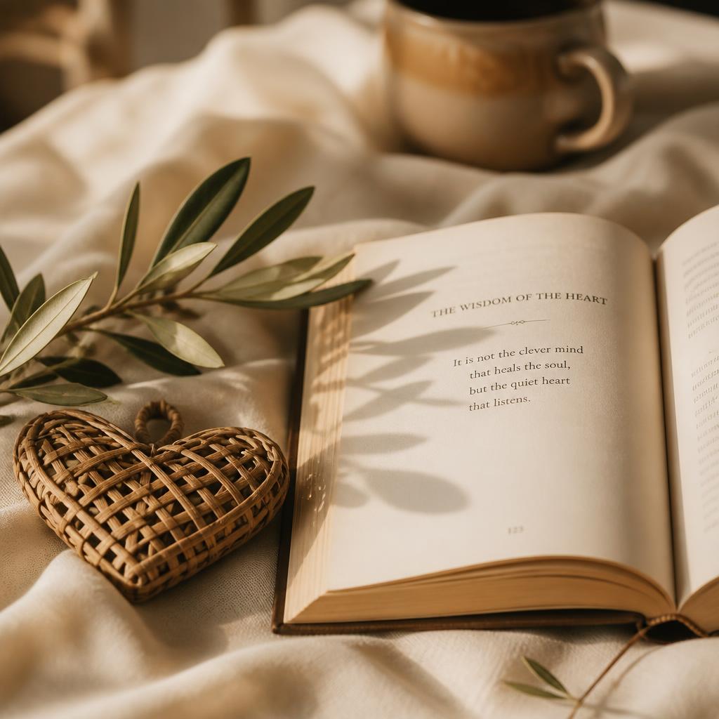 An open book, a woven heart, and olive leaves resting on cream linen in warm morning light