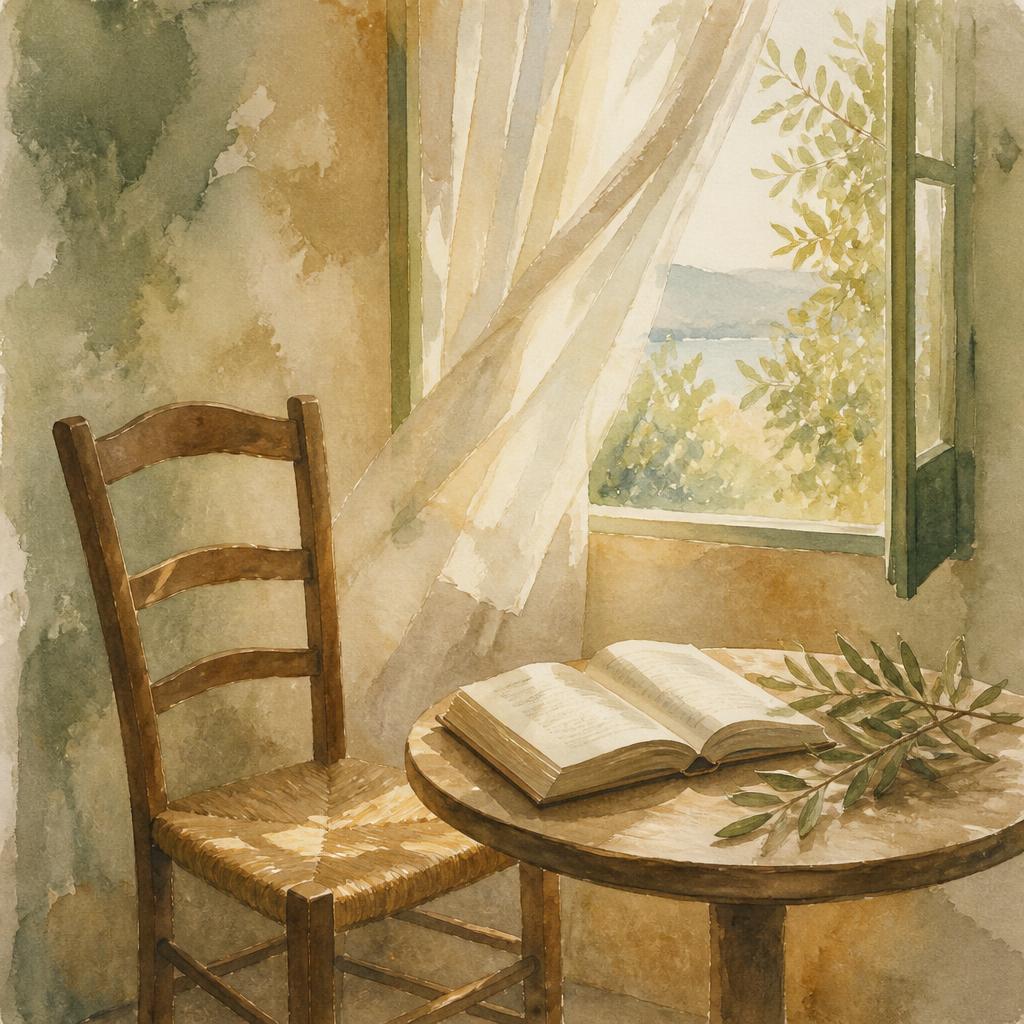 Watercolour painting of an empty wooden chair beside a table with an open book of poetry and an olive branch by an open window