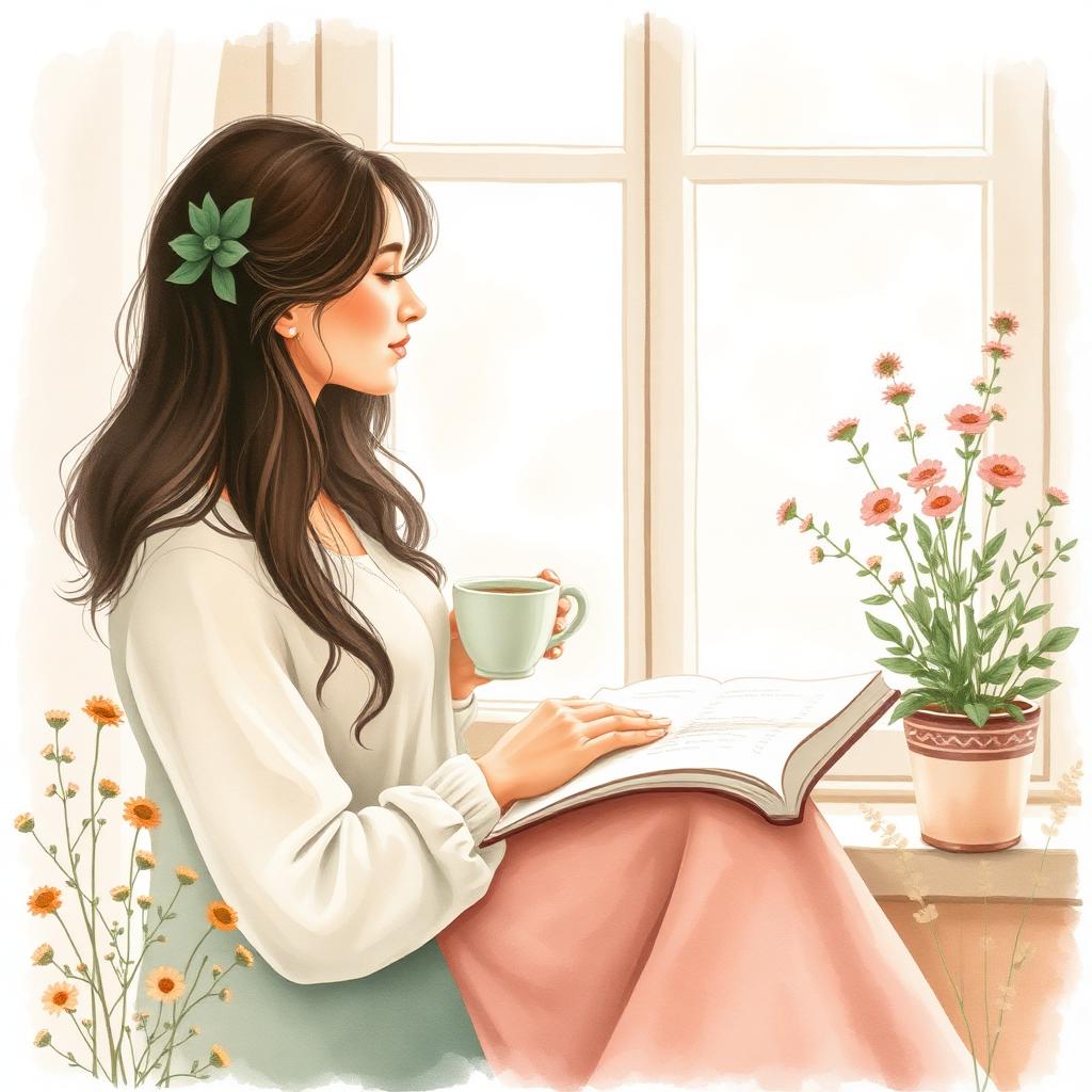 Watercolour painting of a woman sitting quietly by a sunlit window with a journal and tea, surrounded by plants
