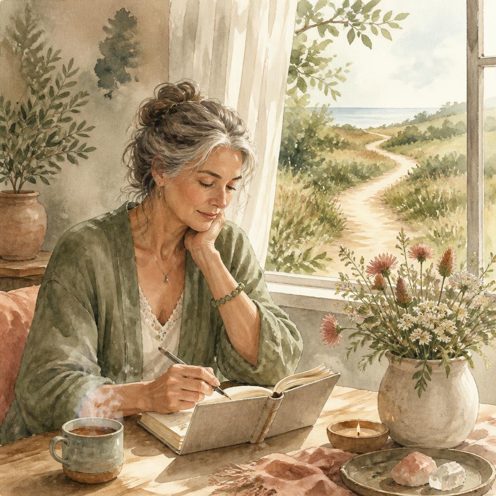 Watercolour painting of a woman writing in a journal by a sunlit window, a winding path and wildflowers visible outside