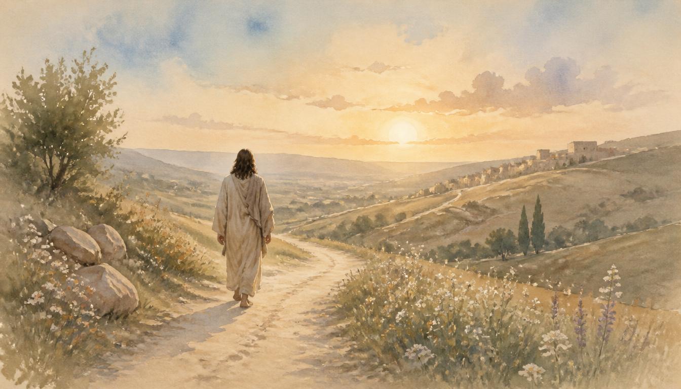 Watercolour painting of a robed figure walking a dusty road through sunlit hills, wildflowers lining the path