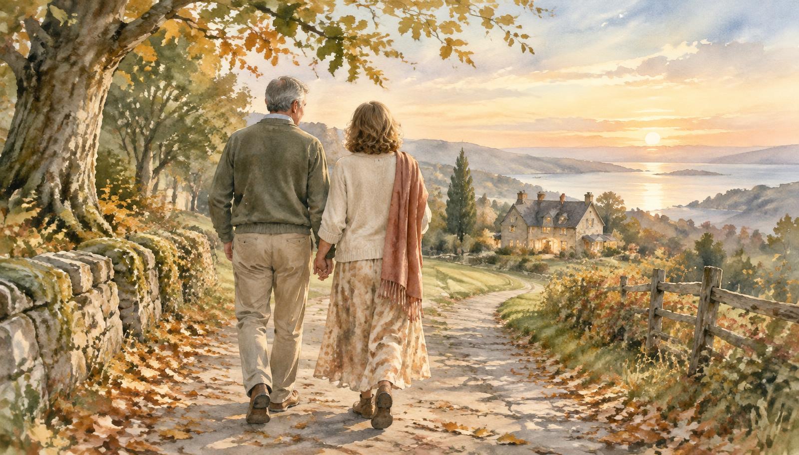 Watercolour painting of a middle-aged married couple walking hand in hand along an autumn path toward home
