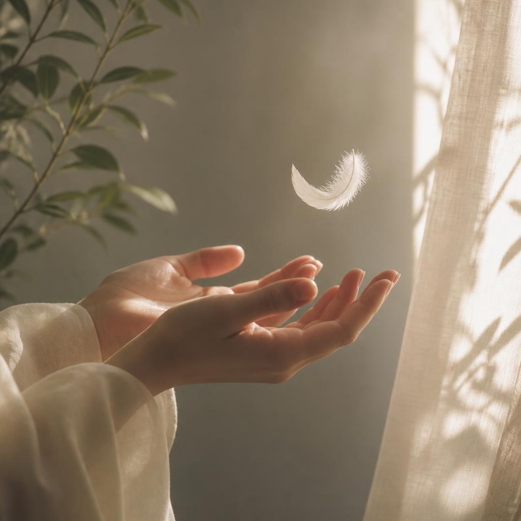 Open hands releasing a white feather into soft morning light, a gentle image of surrender and letting go