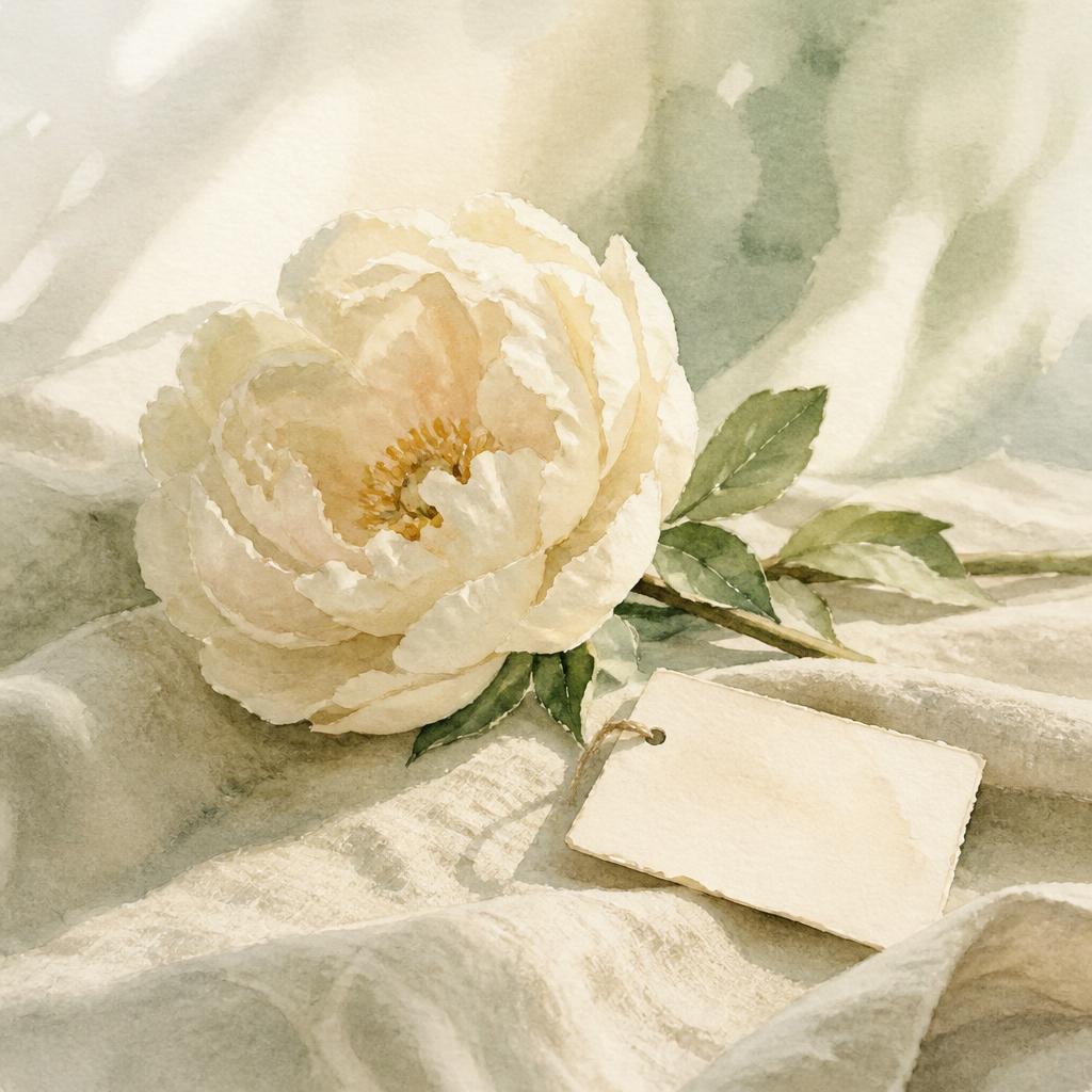 A single pale bloom resting on cream linen with a small blank paper tag, evoking being named anew