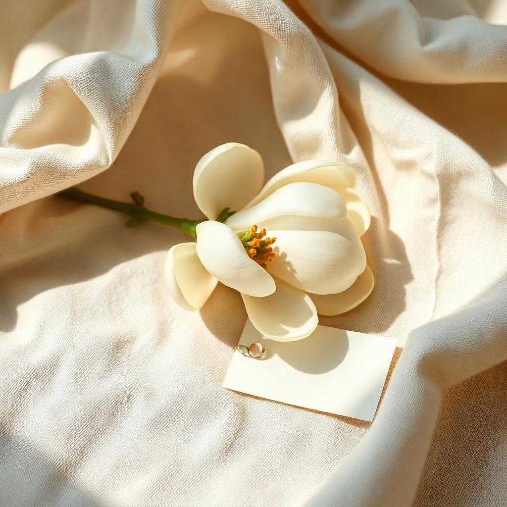 A single pale bloom resting on cream linen with a small blank paper tag, evoking being named anew