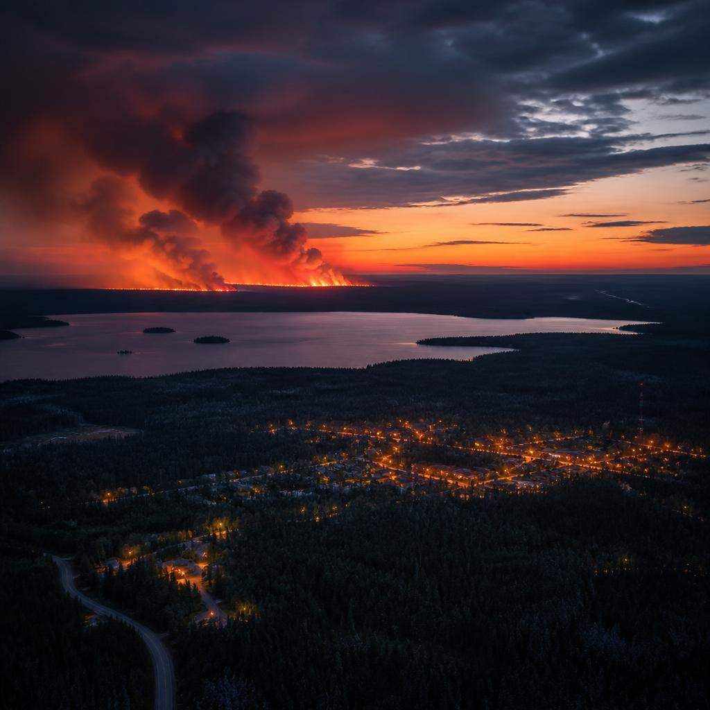 Aerial view of wildfire smoke rising over a Northern Ontario lake at dusk, with a small community glowing below